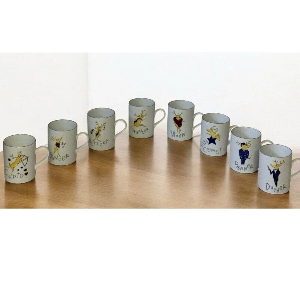 Pottery Barn Reindeer Mug Set of 8 Christmas White Silver Rim Made in Japan